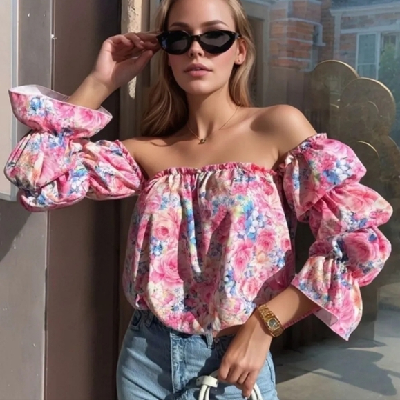 Printed Off-Shoulder Flounce Sleeve Blouse - Picture 1 of 3